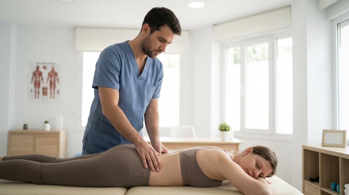 Fisioterapeuta u osteópata tratando la zona lumbar de un paciente en una camilla de clínica