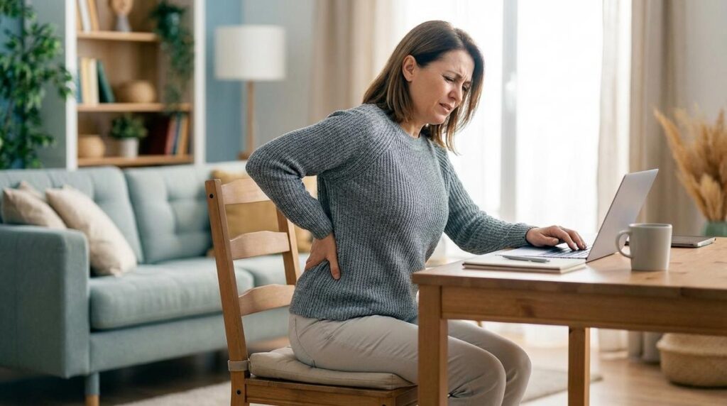 Persona Teletrabajando En El Salon De Casa Con La Mano En La Zona Lumbar Mostrando Molestias De Espalda