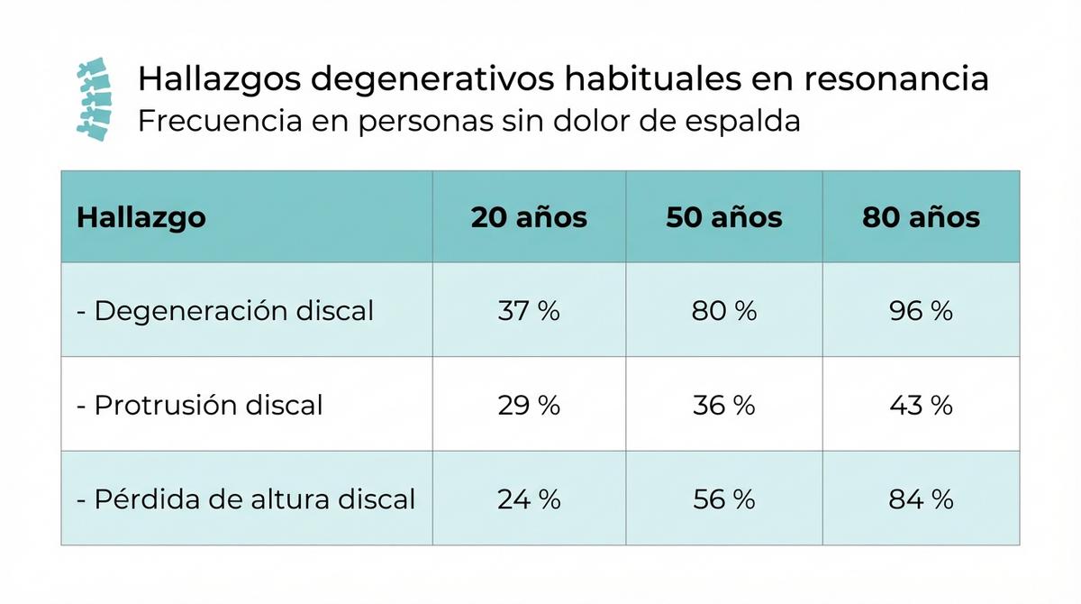 Diagrama en forma de tabla con porcentajes de hallazgos degenerativos en resonancia magnética en personas sin dolor según la edad.