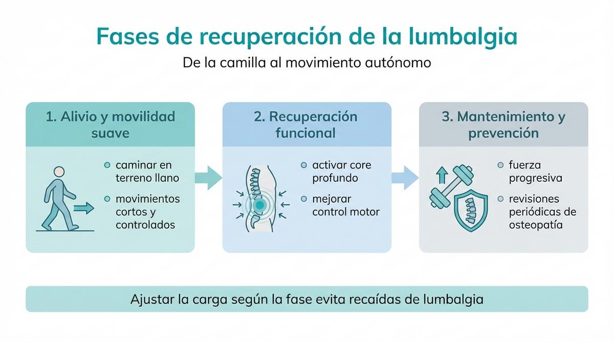 Diagrama por fases que muestra el paso del alivio inicial al mantenimiento para prevenir lumbalgia