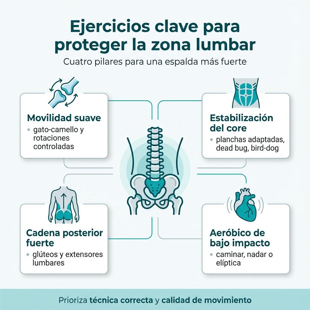 Infografía con cuatro bloques que resumen los tipos de ejercicio recomendados para proteger la zona lumbar