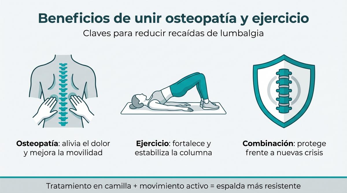 Infografía con tres columnas que resume cómo la osteopatía y el ejercicio se combinan para prevenir recaídas de lumbalgia