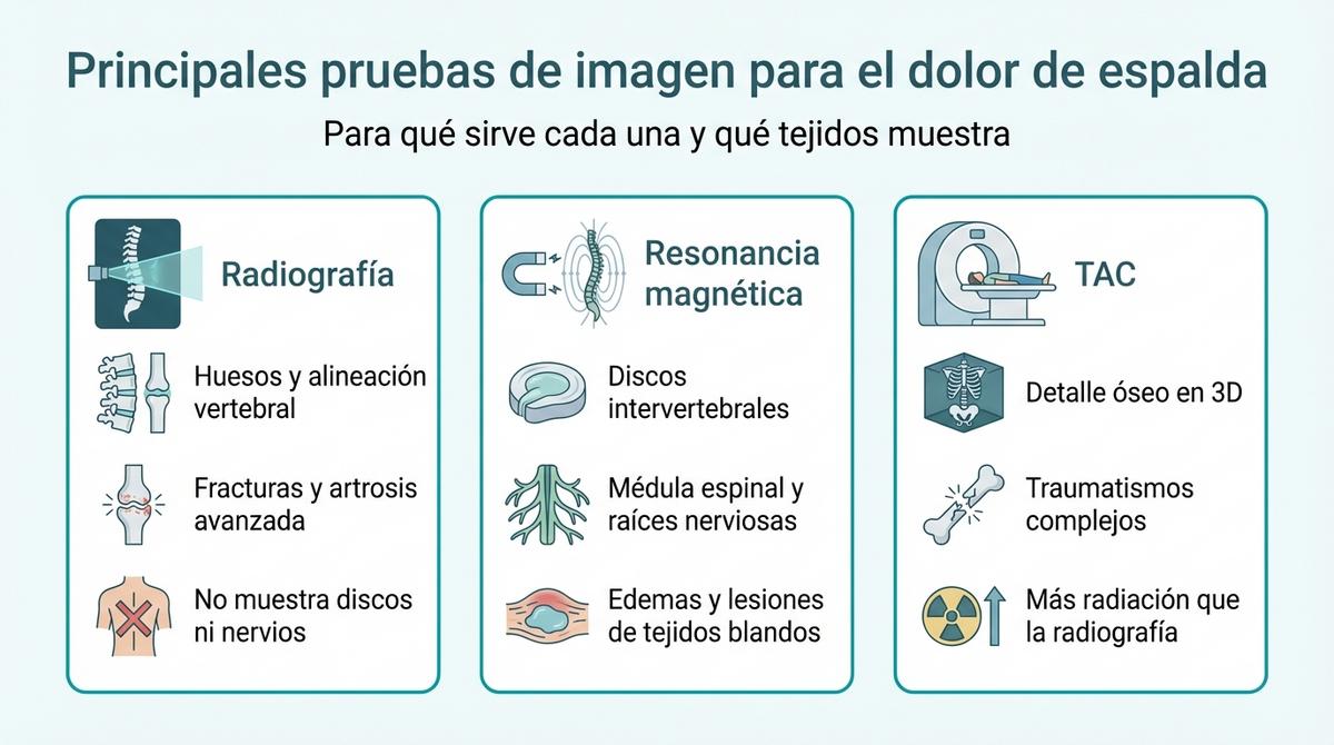 Infografía que compara radiografía, resonancia magnética y TAC en el estudio del dolor de espalda.