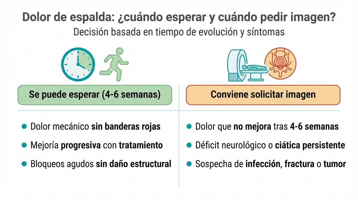 Infografía que compara situaciones en las que se puede esperar antes de hacer pruebas de imagen y casos en los que conviene solicitarlas.