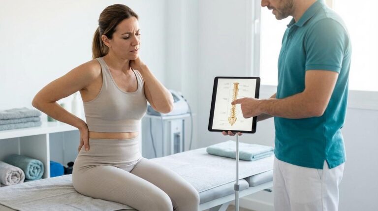 Mujer Con Dolor De Cuello Y Espalda Sentada En Una Camilla Mientras Un Fisioterapeuta Le Explica El Tratamiento En Una Consulta Luminosa