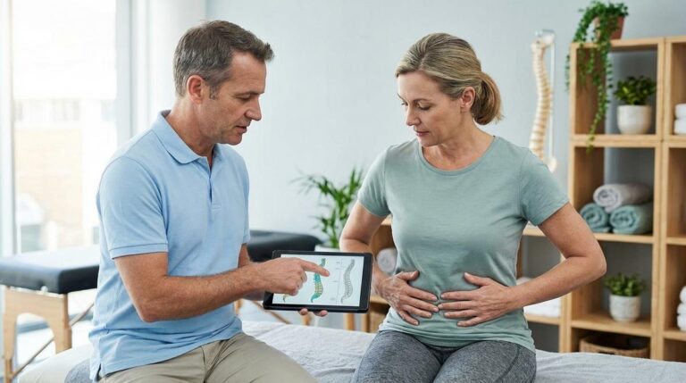 Osteopata Explica A Un Paciente Ejercicios Suaves Para La Zona Lumbar En Una Consulta Luminosa