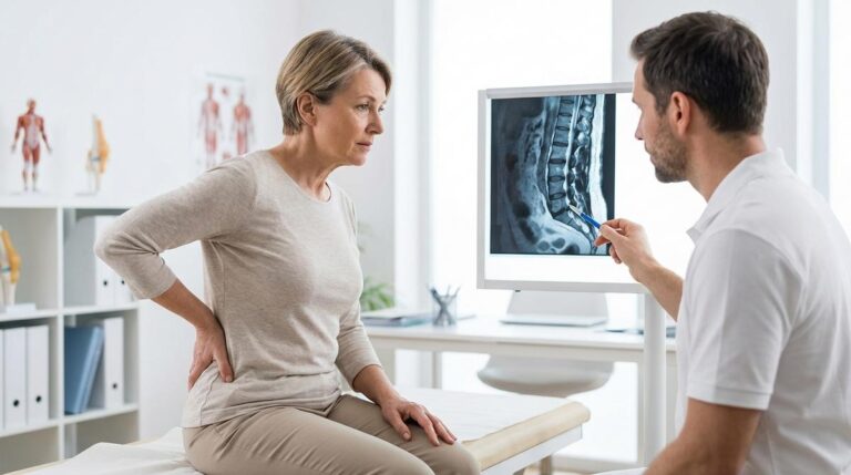 Paciente Con Dolor De Espalda Consultando Con Un Profesional Sanitario Que Le Muestra Una Imagen De La Columna En Una Pantalla En La Consulta