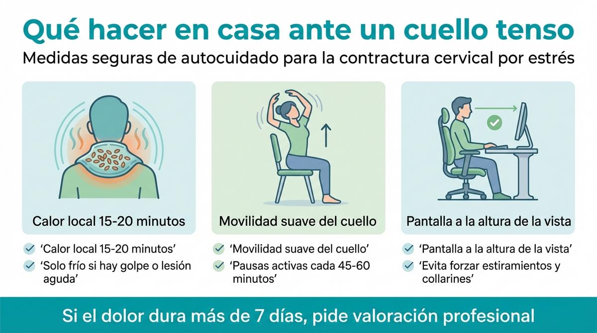 Checklist visual con recomendaciones de calor local, movilidad suave, pausas activas y ajustes posturales para aliviar el cuello tenso en casa.