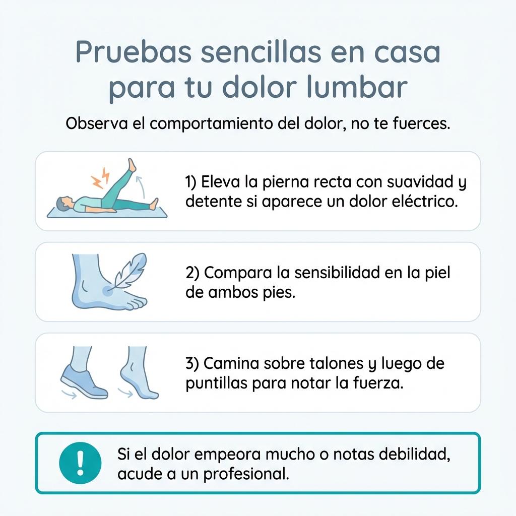 Diagrama con tres pruebas básicas en casa para observar el comportamiento del dolor lumbar.