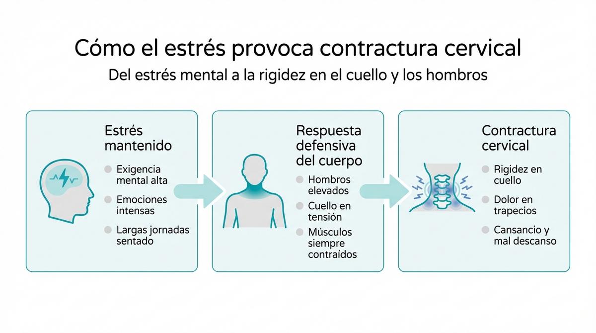 Diagrama que explica el paso del estrés mantenido a la contractura cervical mediante una respuesta defensiva del cuerpo.