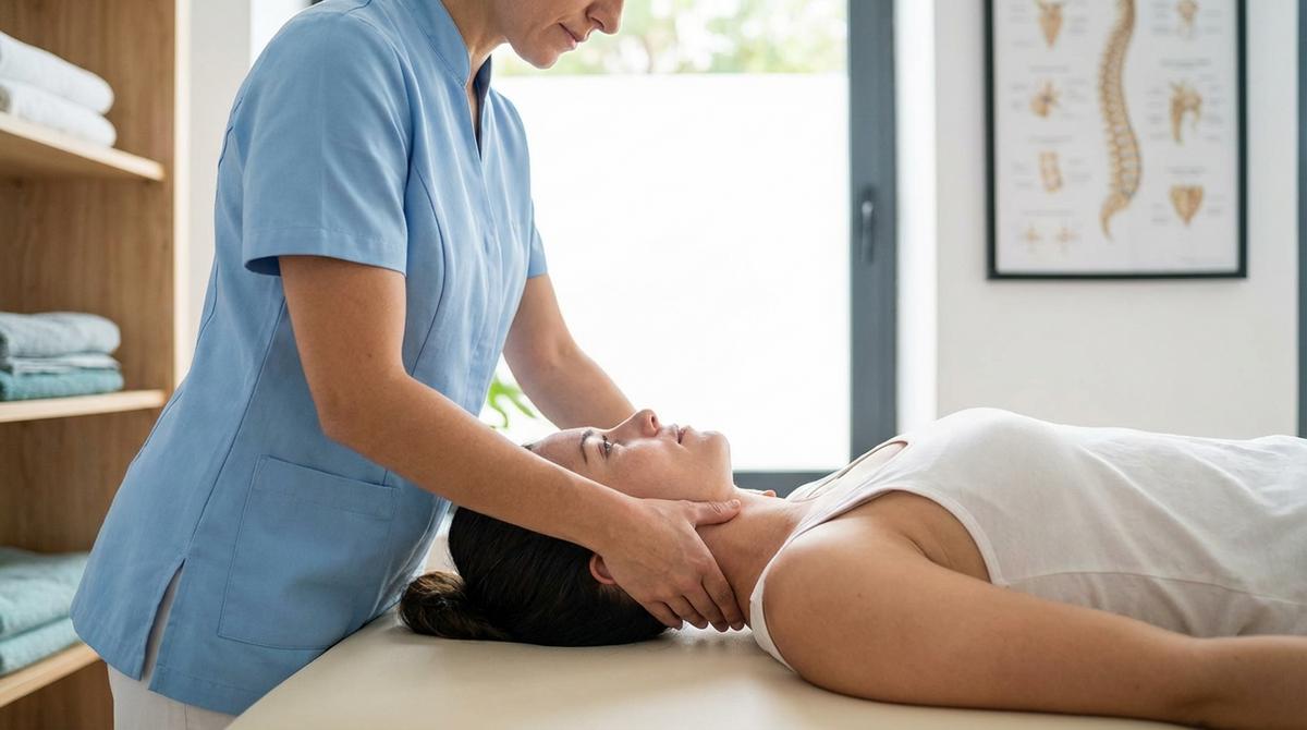 Fisioterapeuta realizando tratamiento manual suave en la zona cervical de un paciente en camilla.