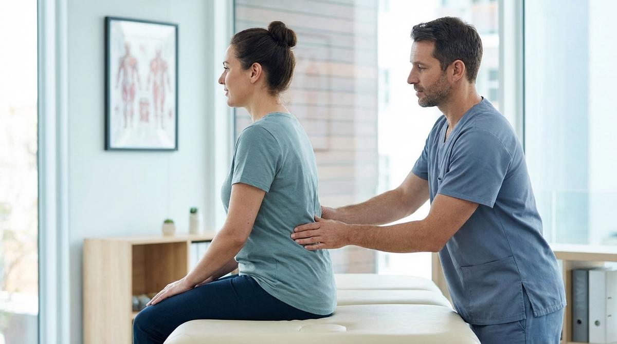 Fisioterapeuta u osteópata valorando la zona lumbar de un paciente en una consulta moderna.