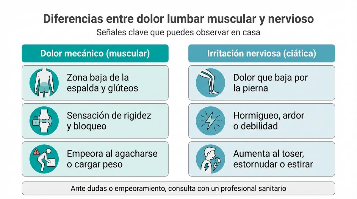 Infografía comparativa de diferencias entre dolor lumbar mecánico muscular y dolor por irritación nerviosa.