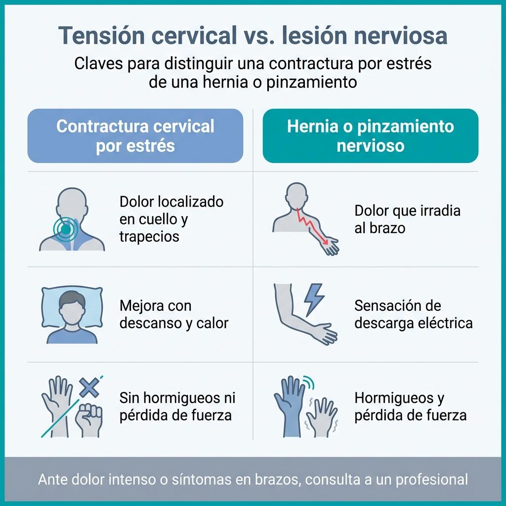 Infografía comparativa entre la contractura cervical por estrés y la hernia o pinzamiento nervioso.