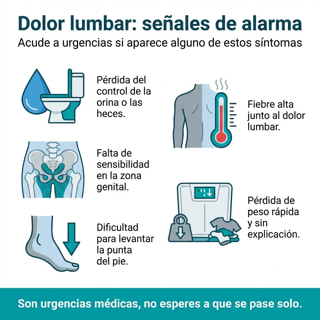 Infografía con las principales señales de alarma en el dolor lumbar que obligan a ir a urgencias.