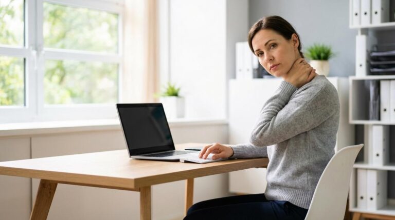 Mujer En Oficina Frente Al Ordenador Masajeandose El Cuello Y Los Trapecios Por Tension Cervical Causada Por El Estres Laboral