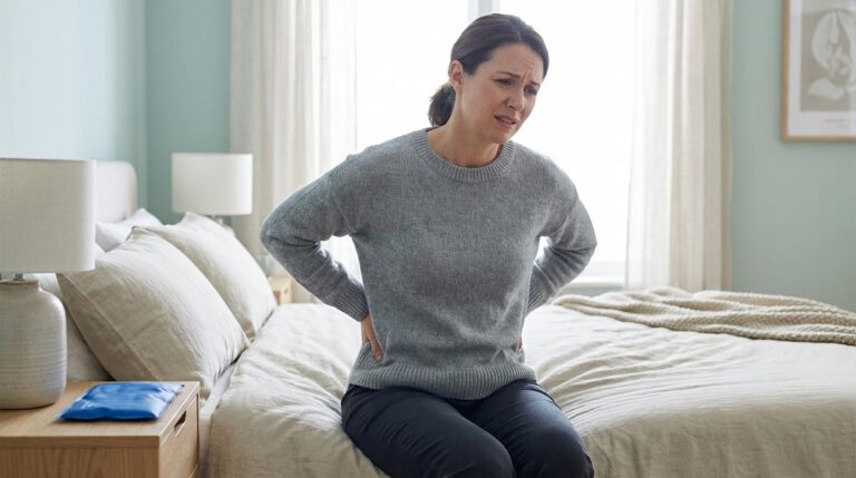 Mujer Sentada En La Cama Sujetandose La Zona Lumbar Con Gesto De Dolor Moderado En Un Dormitorio Luminoso