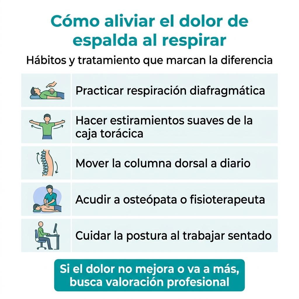 Checklist visual con estrategias de alivio para el dolor de espalda al respirar y recomendaciones de terapia manual.