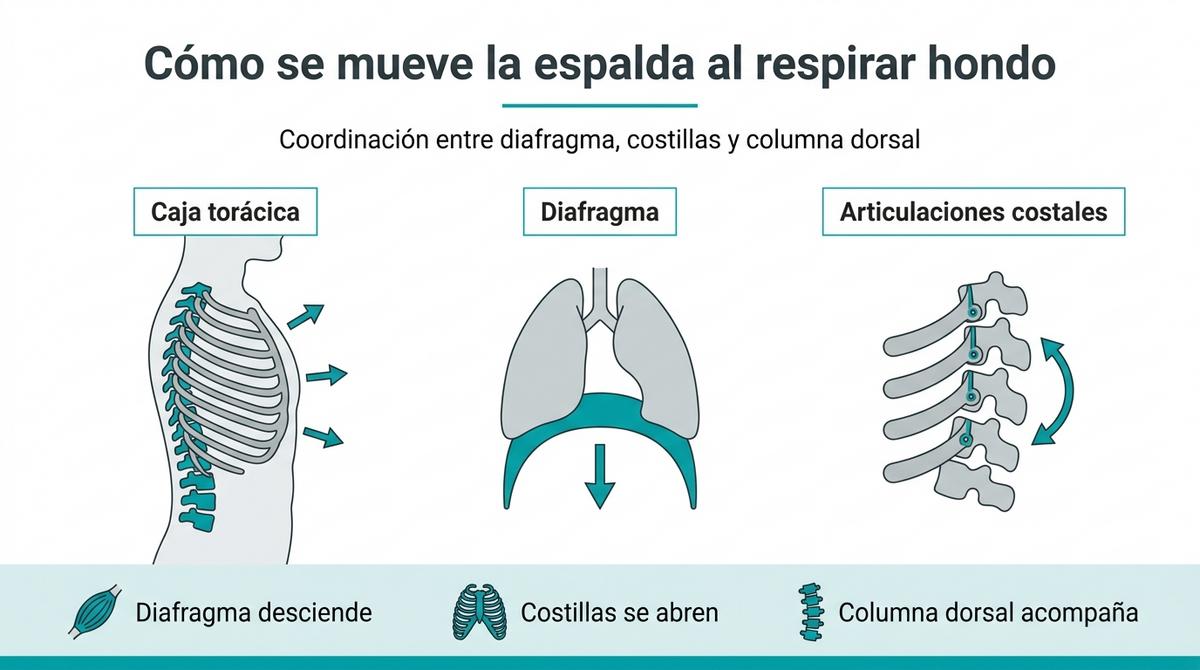 Diagrama anatómico simplificado que muestra la coordinación entre diafragma, costillas y columna dorsal al respirar hondo.