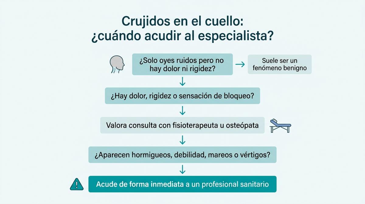 Diagrama de flujo que indica cuándo los crujidos en el cuello requieren consulta con un fisioterapeuta u osteópata o atención inmediata.