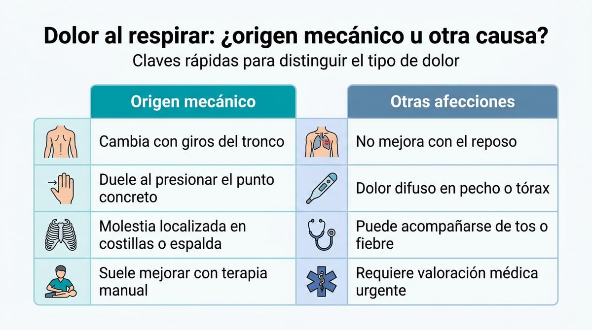 Infografía comparativa que diferencia el dolor mecánico al respirar de otras causas potencialmente graves.