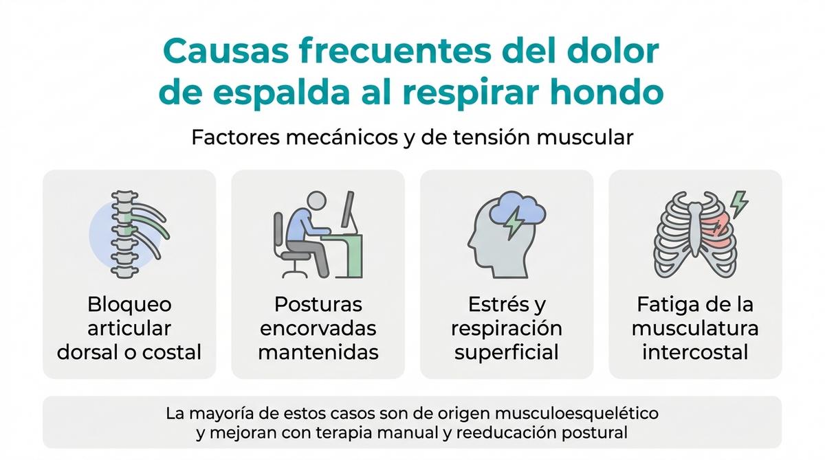 Infografía con cuatro bloques que resumen las causas frecuentes del dolor de espalda al respirar hondo.