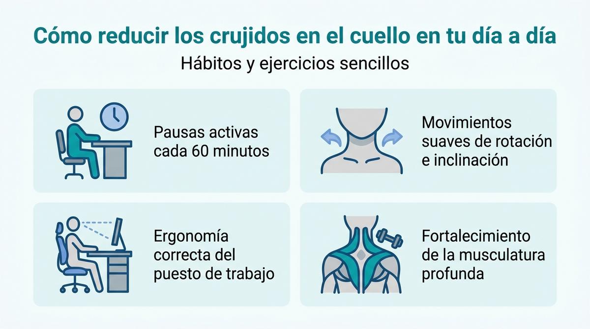 Infografía con cuatro recomendaciones visuales para reducir los crujidos en el cuello mediante pausas activas, movimientos suaves, buena ergonomía y fortalecimiento muscular.