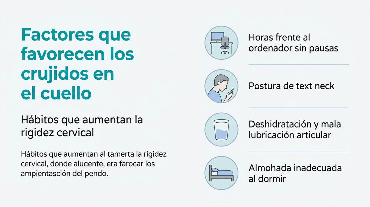 Infografía tipo checklist con cuatro hábitos que favorecen los crujidos en el cuello, como el uso prolongado del ordenador, el text neck, la deshidratación y la almohada inadecuada.