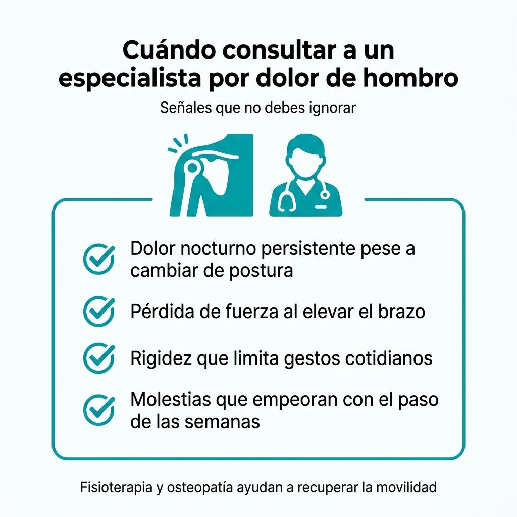 Checklist visual con señales de alarma que indican cuándo acudir al especialista por dolor de hombro al dormir.