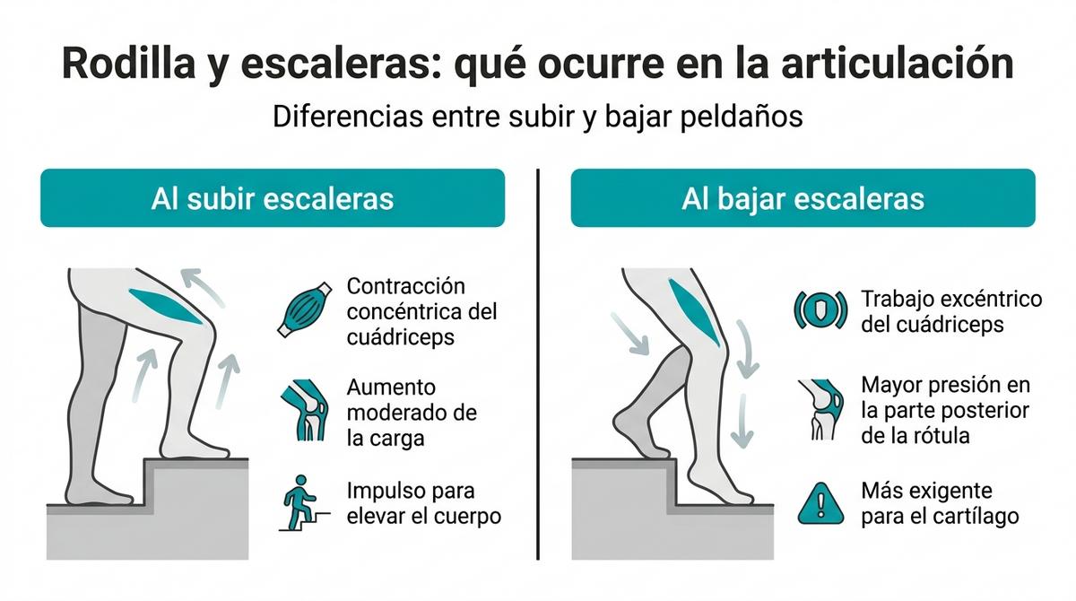 Diagrama que compara el funcionamiento de la rodilla al subir y al bajar escaleras.