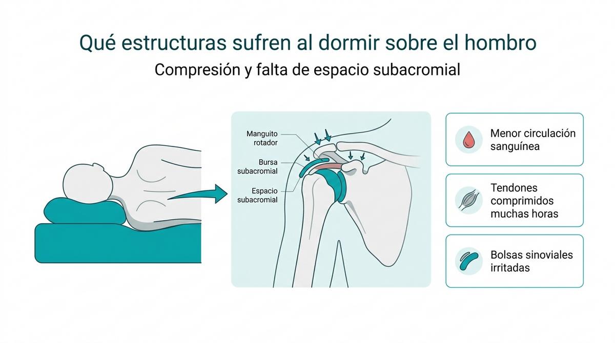 Esquema anatómico simplificado que muestra la compresión de tendones y bursa en el hombro al dormir de lado.