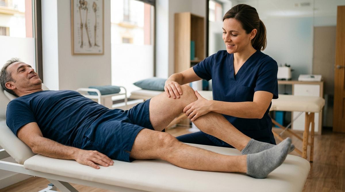Fisioterapeuta movilizando la rodilla de un paciente en una camilla de consulta.