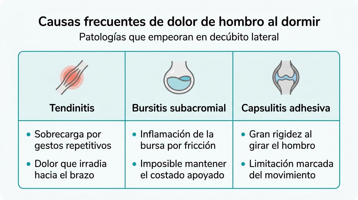Infografía comparativa que resume tendinitis, bursitis y capsulitis como causas de dolor de hombro al dormir.