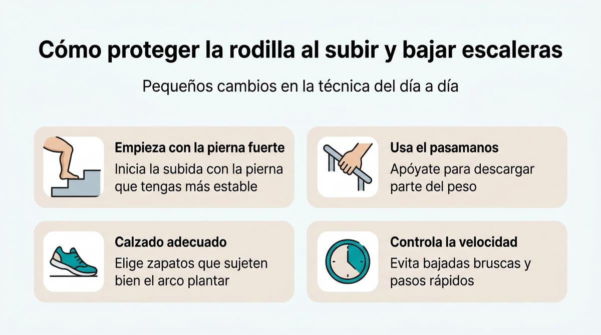 Infografía con consejos prácticos para proteger la rodilla al subir y bajar escaleras.