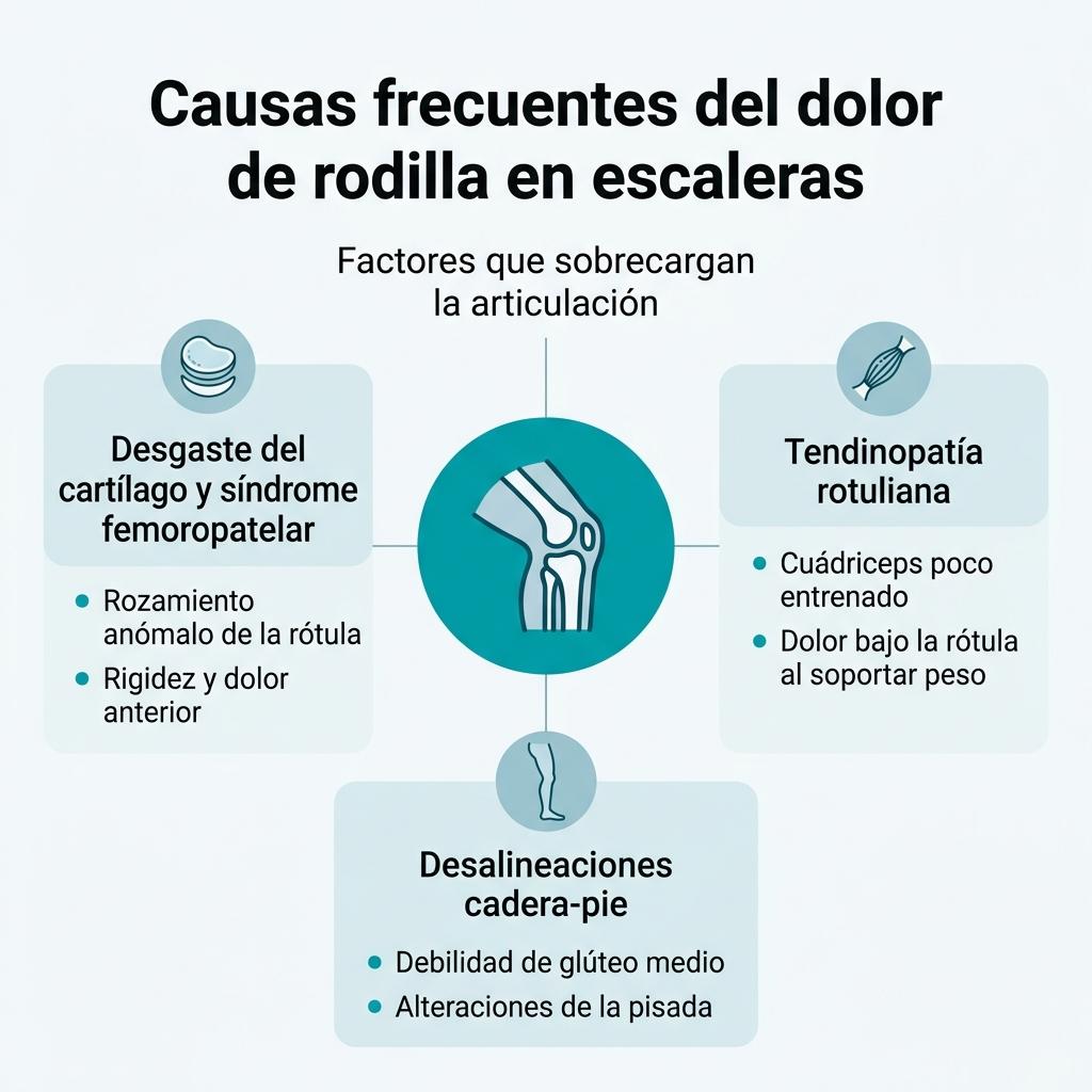 Infografía con las causas más habituales del dolor de rodilla al subir y bajar escaleras.