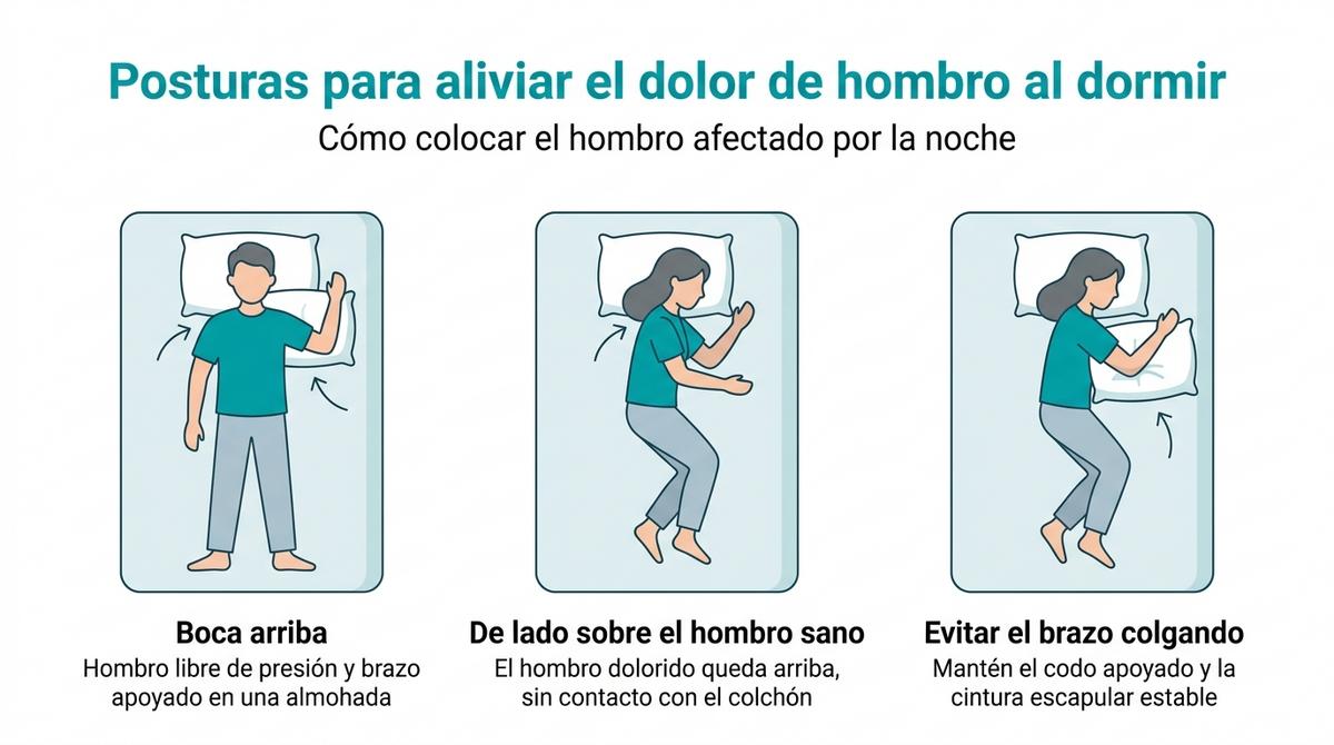 Infografía con tres dibujos que muestran posturas para dormir que reducen la presión sobre el hombro dolorido.