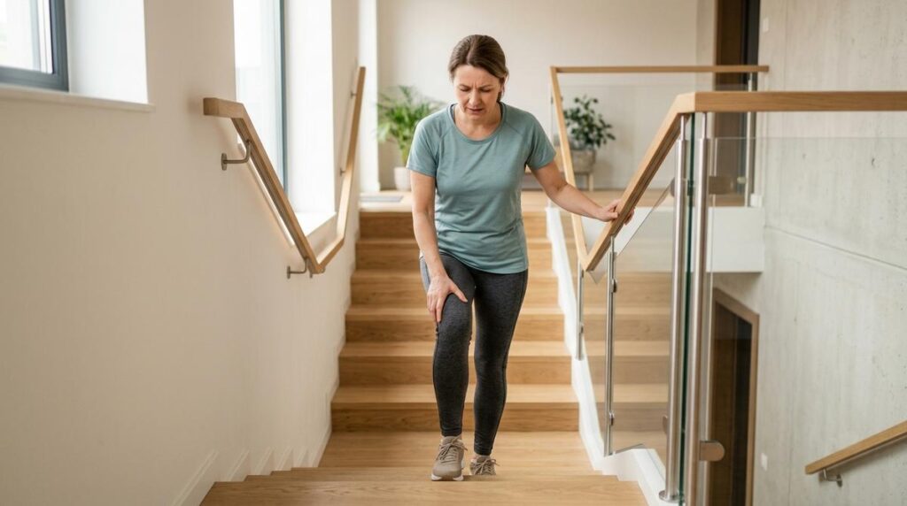 Mujer Adulta Subiendo Unas Escaleras Interiores Mientras Se Sujeta La Rodilla Con Gesto De Ligera Molestia