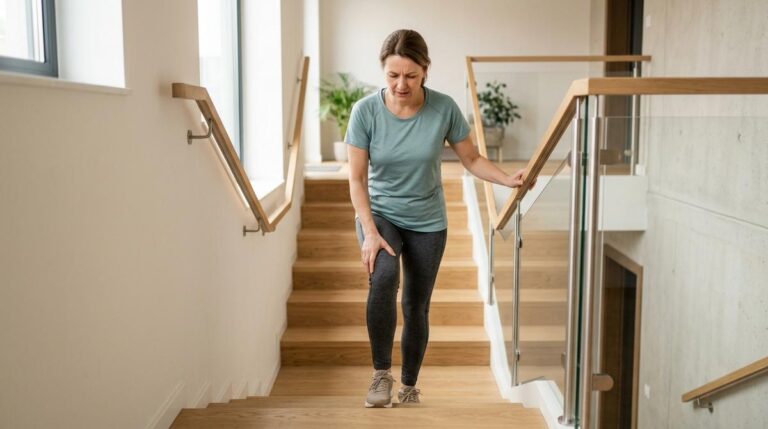 Mujer Adulta Subiendo Unas Escaleras Interiores Mientras Se Sujeta La Rodilla Con Gesto De Ligera Molestia