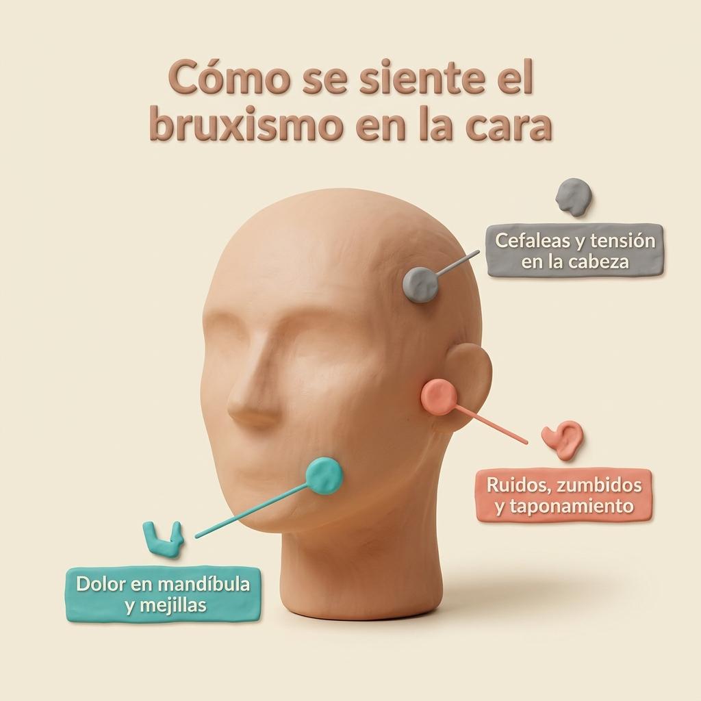 Diagrama 3D estilo arcilla que señala en la cabeza las zonas de dolor y ruidos asociados al bruxismo.