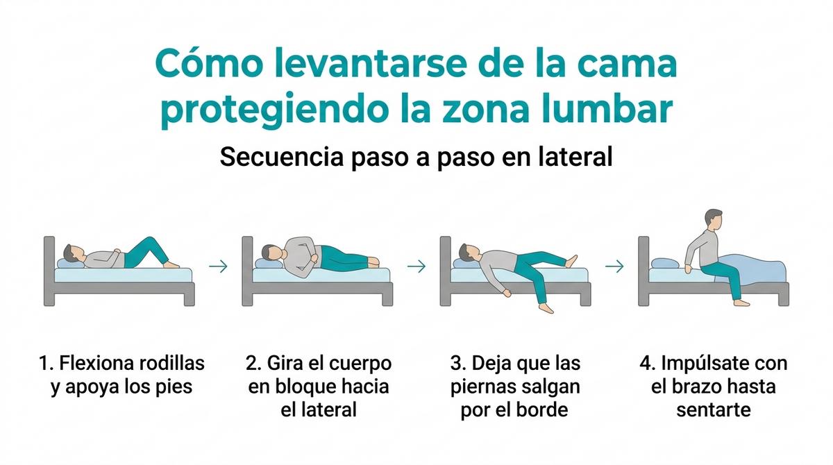 Diagrama con cuatro pasos ilustrados que explican cómo levantarse de la cama de lado para proteger la zona lumbar.