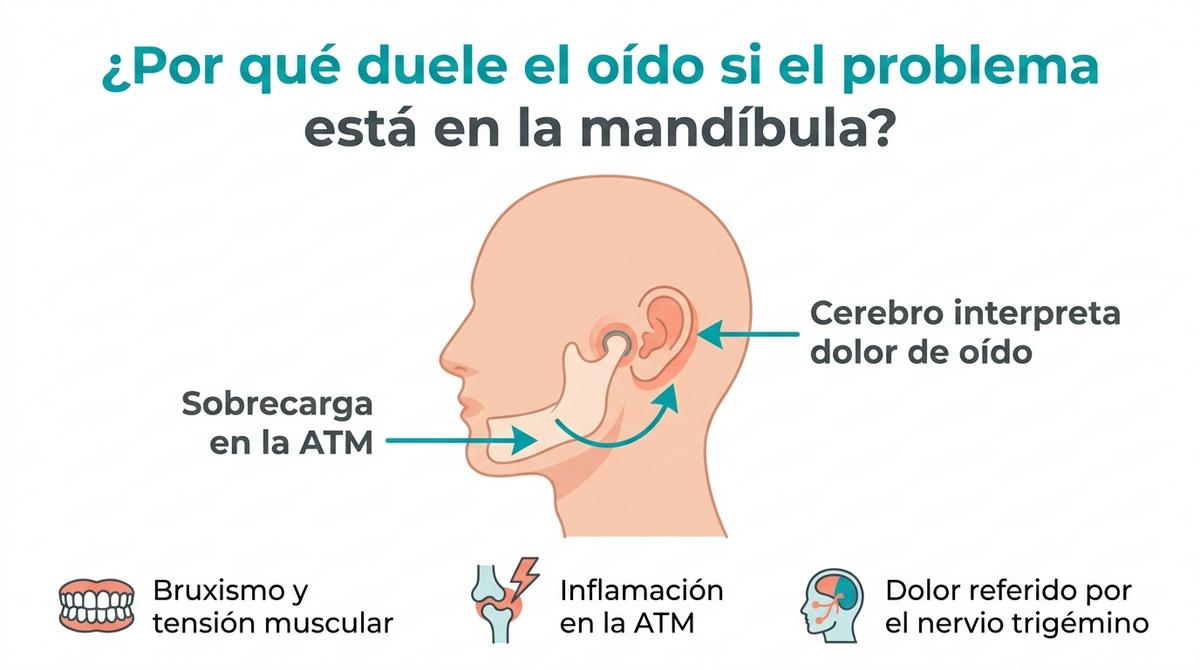Diagrama que explica cómo la sobrecarga en la articulación temporomandibular puede sentirse como dolor de oído.