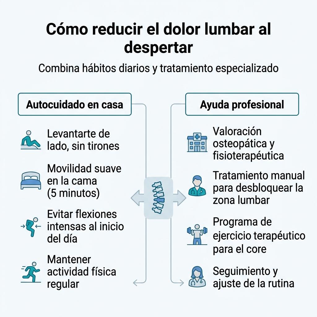 Diagrama que resume estrategias de autocuidado y tratamiento profesional para disminuir el dolor lumbar matutino.