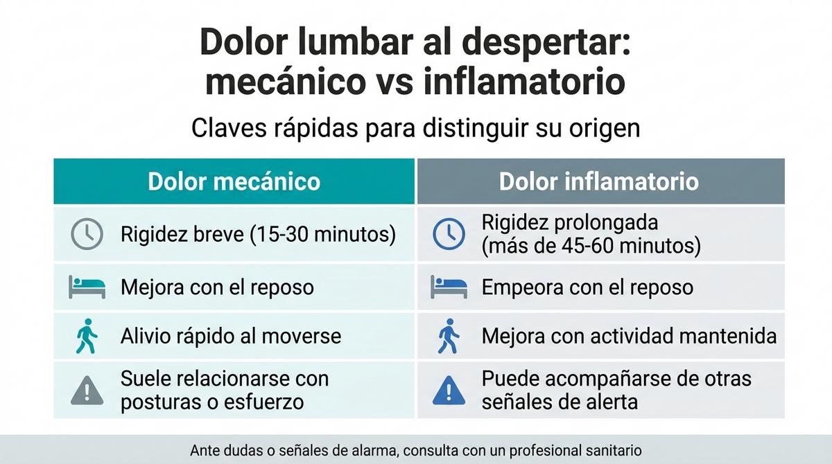 Infografía comparativa que muestra diferencias entre dolor lumbar mecánico e inflamatorio al despertar.