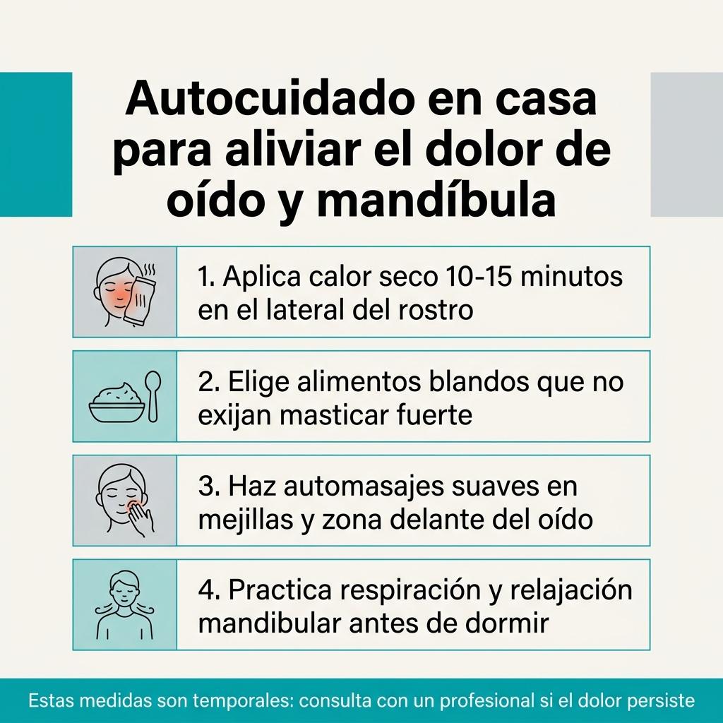 Infografía con pasos de autocuidado para aliviar temporalmente el dolor de oído y mandíbula en casa.
