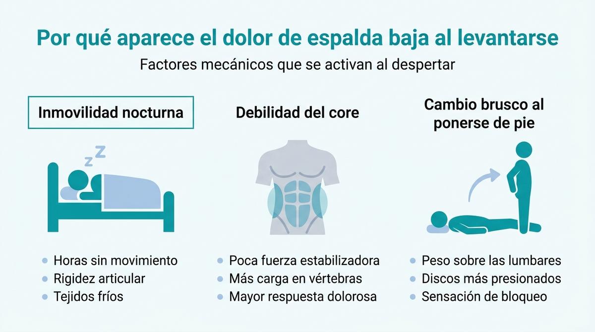 Infografía con tres columnas que resumen los factores mecánicos del dolor lumbar al levantarse por la mañana.