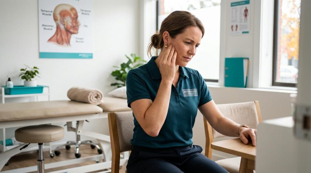 Mujer Adulta Tocandose La Zona Del Oido Y La Mandibula En Una Clinica Reflejando Dolor De Oido Y Mandibula De Origen Tensional