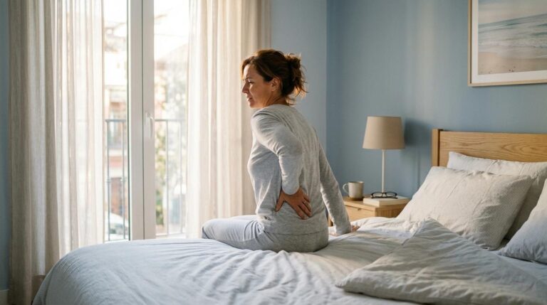 Mujer De Mediana Edad Sentada Al Borde De La Cama Al Amanecer Con Las Manos En La Zona Lumbar Baja Mostrando Ligera Molestia