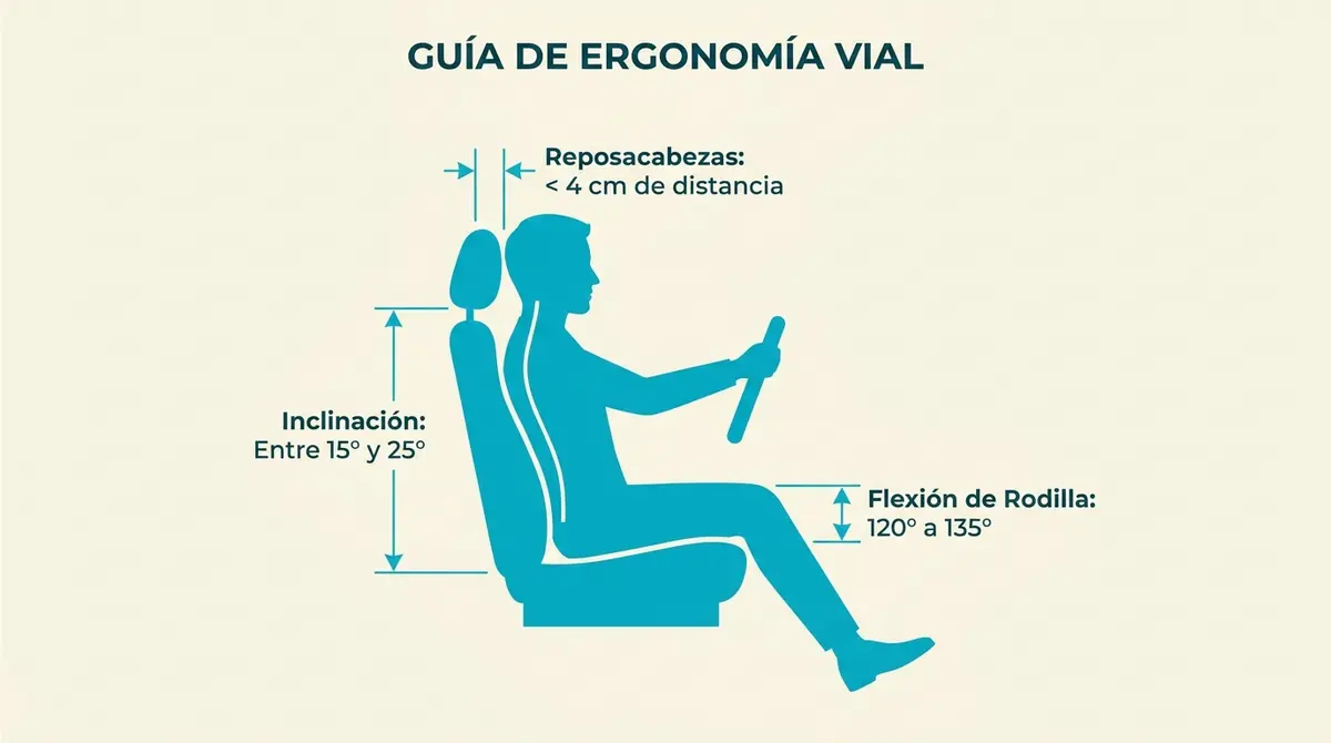 Infografía técnica detallada con los ángulos ergonómicos correctos para configurar el asiento del coche.