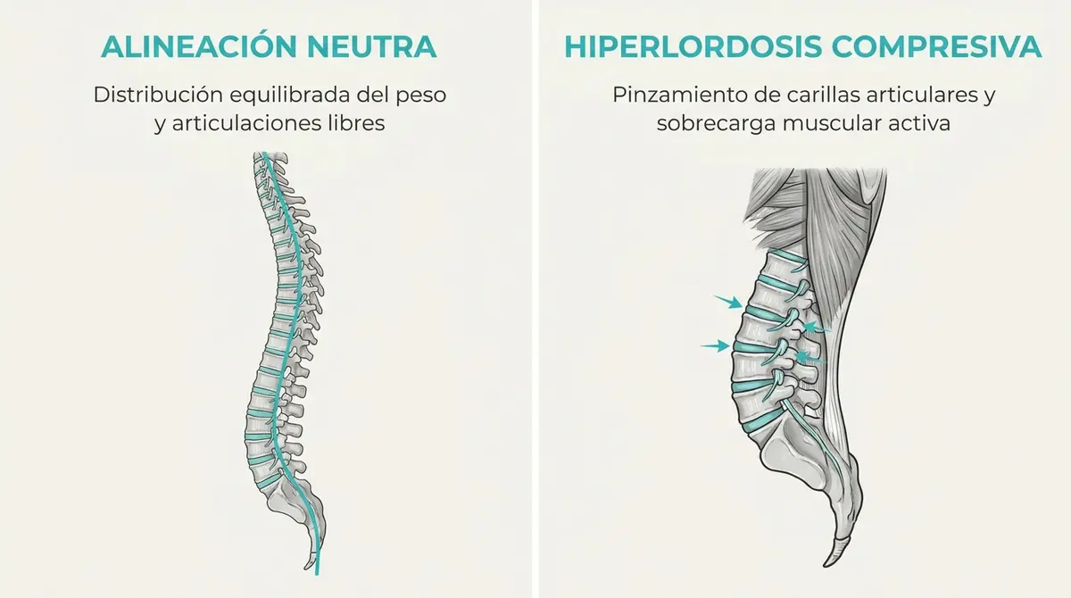Infografía de alineación de columna en bipedestación comparando una postura neutra con una postura en hiperlordosis compresiva.