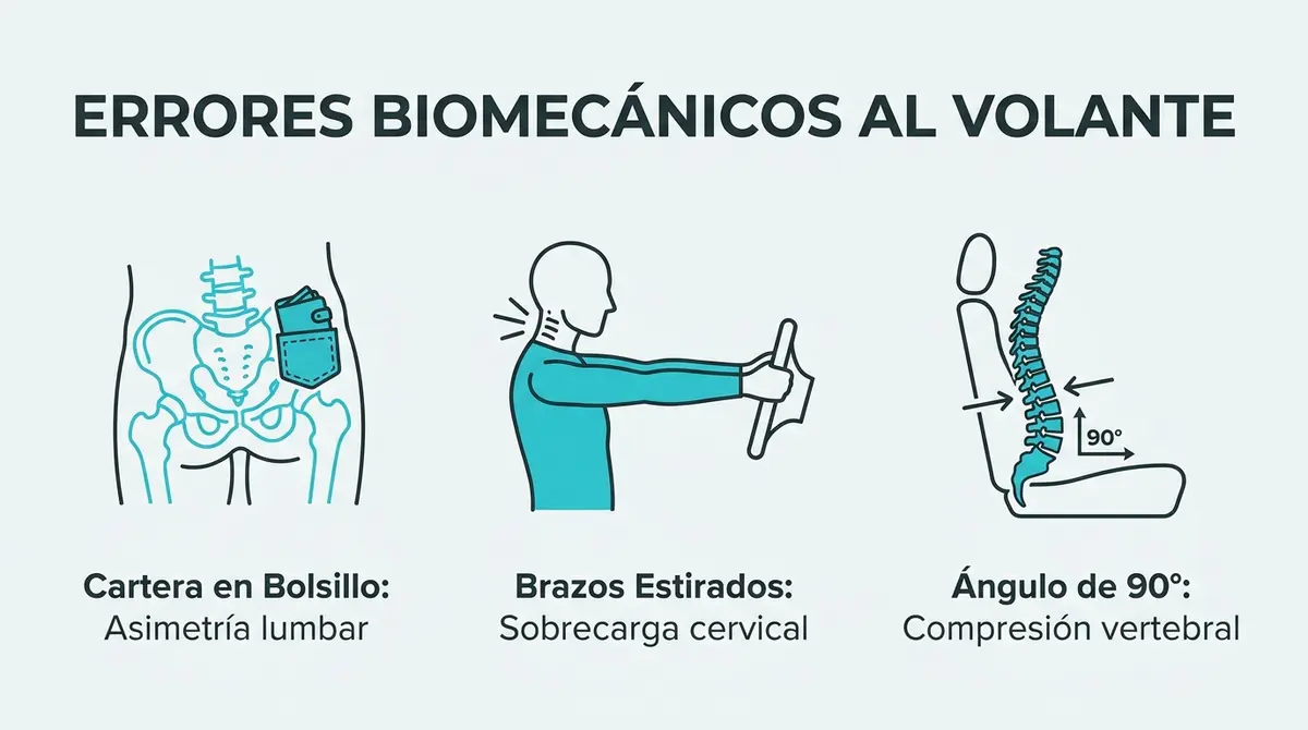 Infografía con los tres errores biomecánicos principales al conducir que causan dolor de espalda.